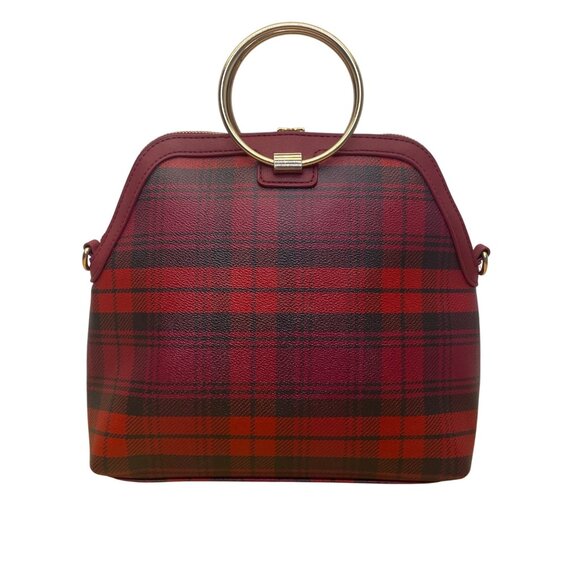 Iman Women’s Burgundy/Red Faux Leather Plaid Gold Ring Handles Crossbody Tote - Picture 3 of 11